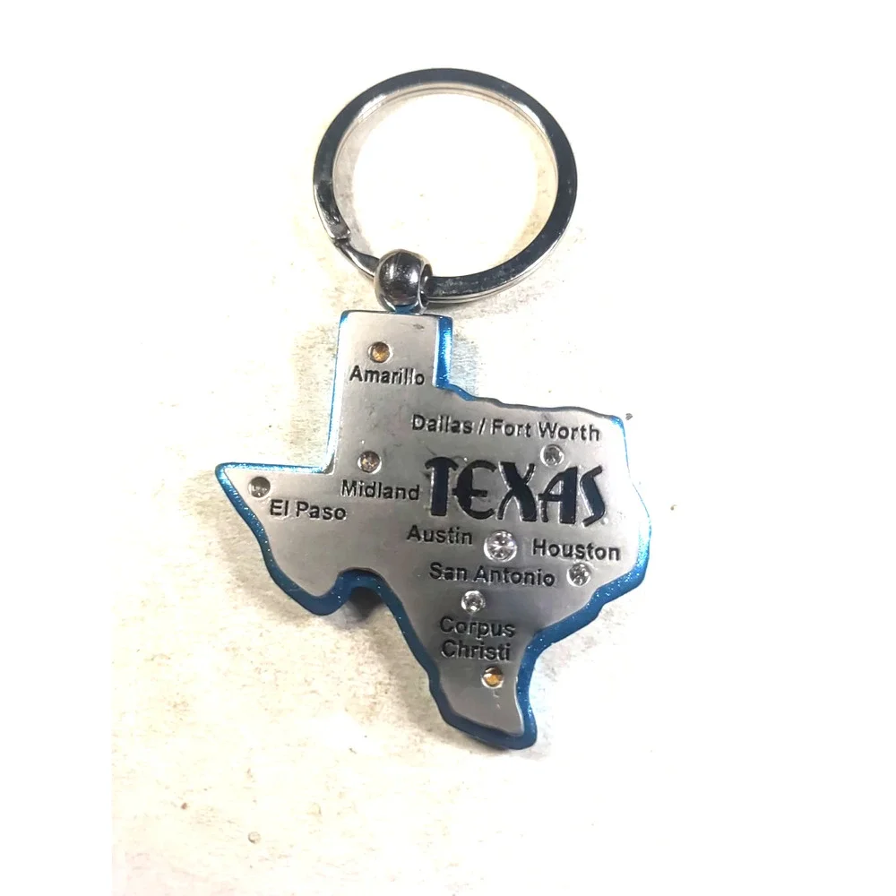 Texas metal Keychain Blue Silver Tone Rhinestone Map City